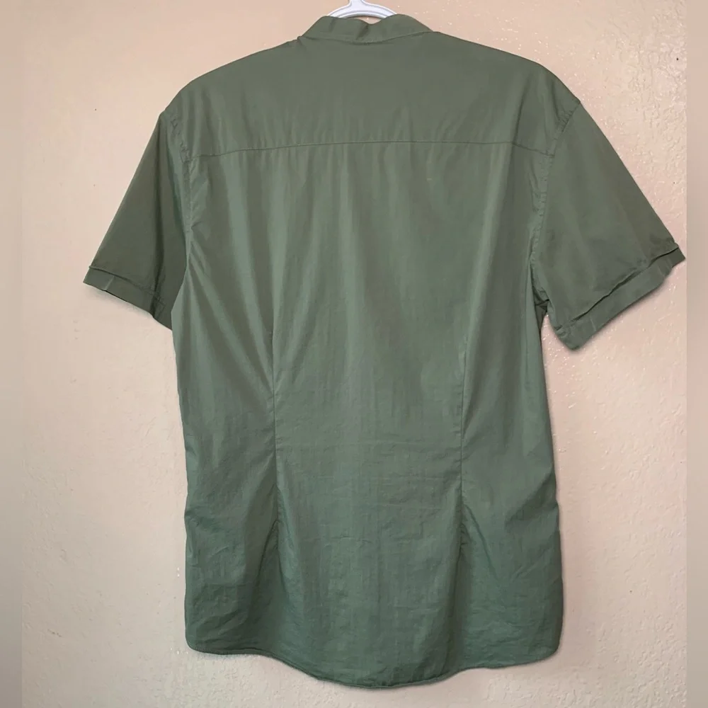 Father Sons Khaki Stretch Slim Fit Grandad Collar Button Down Shirt Size M - Picture 3 of 5